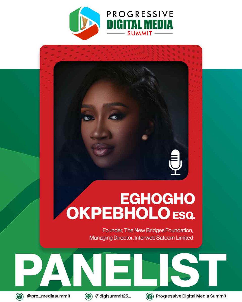 With proven leadership in tech and advocacy, Eghogho Okpebolo Esq. of Interweb Satcom &amp; The New Bridges Foundation joins our panel to discuss how digital tools &amp; networks are reshaping the future of policy &amp; participation in today's world of connectivity. #DigiMediaSummit2025