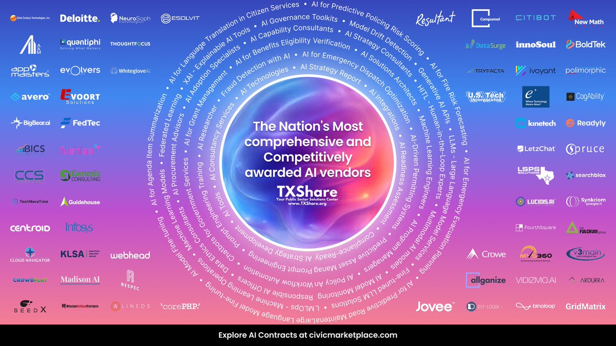 Civic Marketplace (@civicmarketpl) on Twitter photo 🚨Big news in govtech procurement:
108 bids. 77 AI suppliers.
TXShare’s AI Cooperative Contracts—now live on <a href="/CivicMarketPL/">Civic Marketplace</a> set a new bar: trusted, transparent, and truly competitive.
For public leaders tired of noise and hype, this is your signal.
Clarity > Confusion. 🚨Big news in govtech procurement:
108 bids. 77 AI suppliers.
TXShare’s AI Cooperative Contracts—now live on <a href="/CivicMarketPL/">Civic Marketplace</a> set a new bar: trusted, transparent, and truly competitive.
For public leaders tired of noise and hype, this is your signal.
Clarity > Confusion.