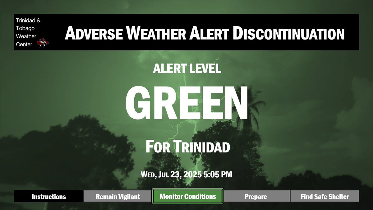 TTWeatherCenter's tweet image. Although the Adverse Weather Alert for Trinidad has been discontinued as of 5:05 PM today, more showers and thunderstorms are forecast for T&T on Thursday.
Locally heavy rainfall may still bring street/flash flooding, accompanied by gusty winds exceeding 45 KM/H.…
