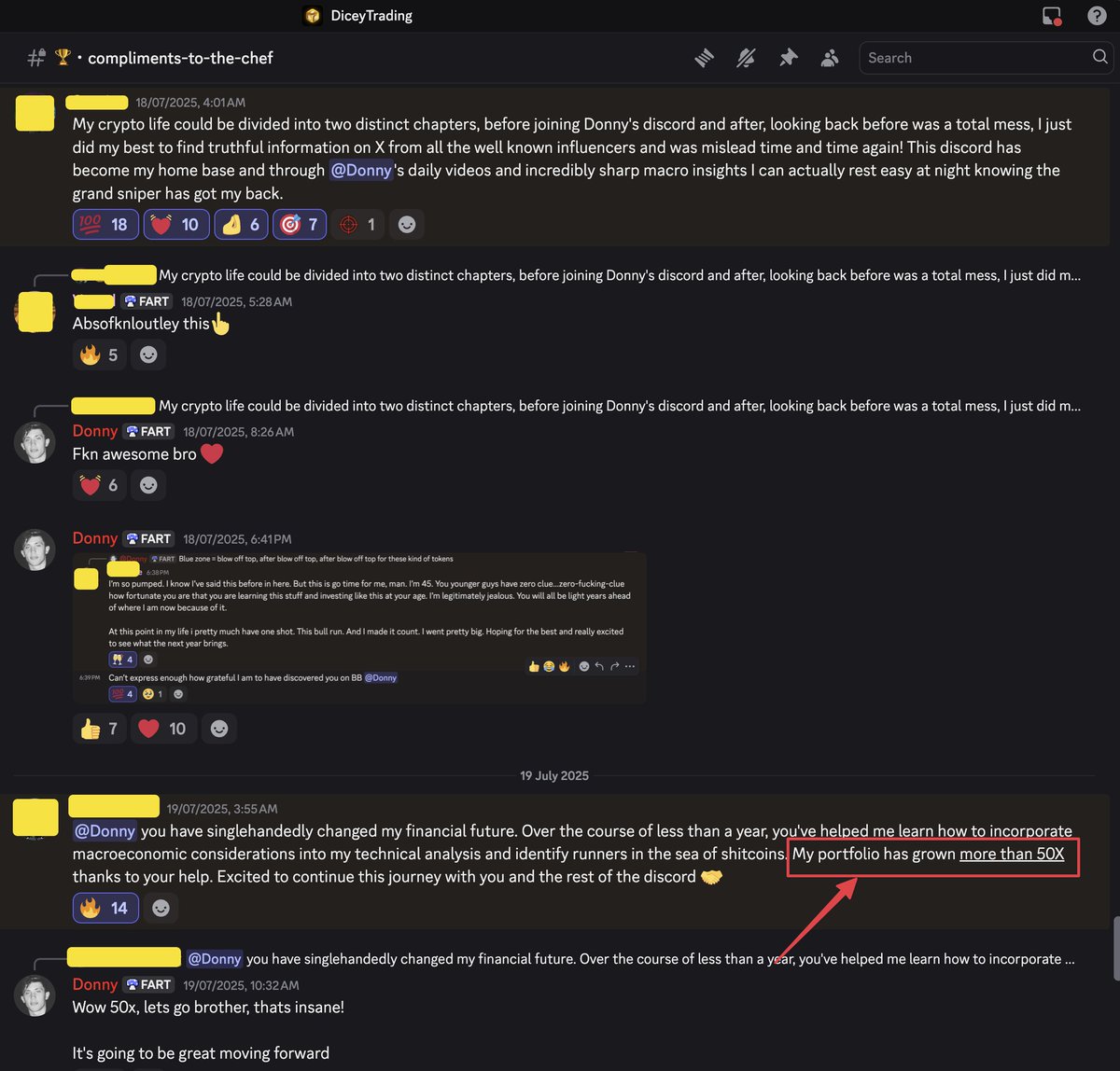 DonnyDicey's tweet image. Hi guys

This is my discord server again, I really want you guys to experience the vibes in here — it&apos;s where we print 4-7 figure trades from nearly nothing

Read some of the recent compliments to the chef

Idk how but I just have the touch when it comes to on chain runners —…