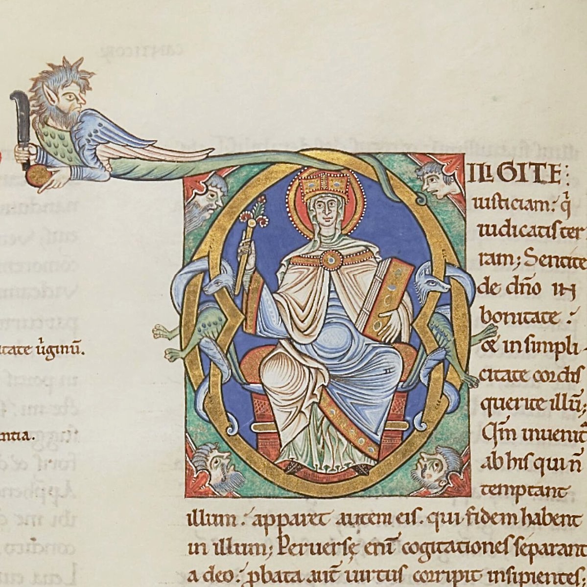 red_loeb's tweet image. Initial 'D'(iligite) at the beginning of the Book of Wisdom, depicting the crowned personification of Wisdom holding a sceptre and book
BnF MS Latin 116; Biblia Latina, Part 2; 12th century; Chartres; f.13v @GallicaBnF