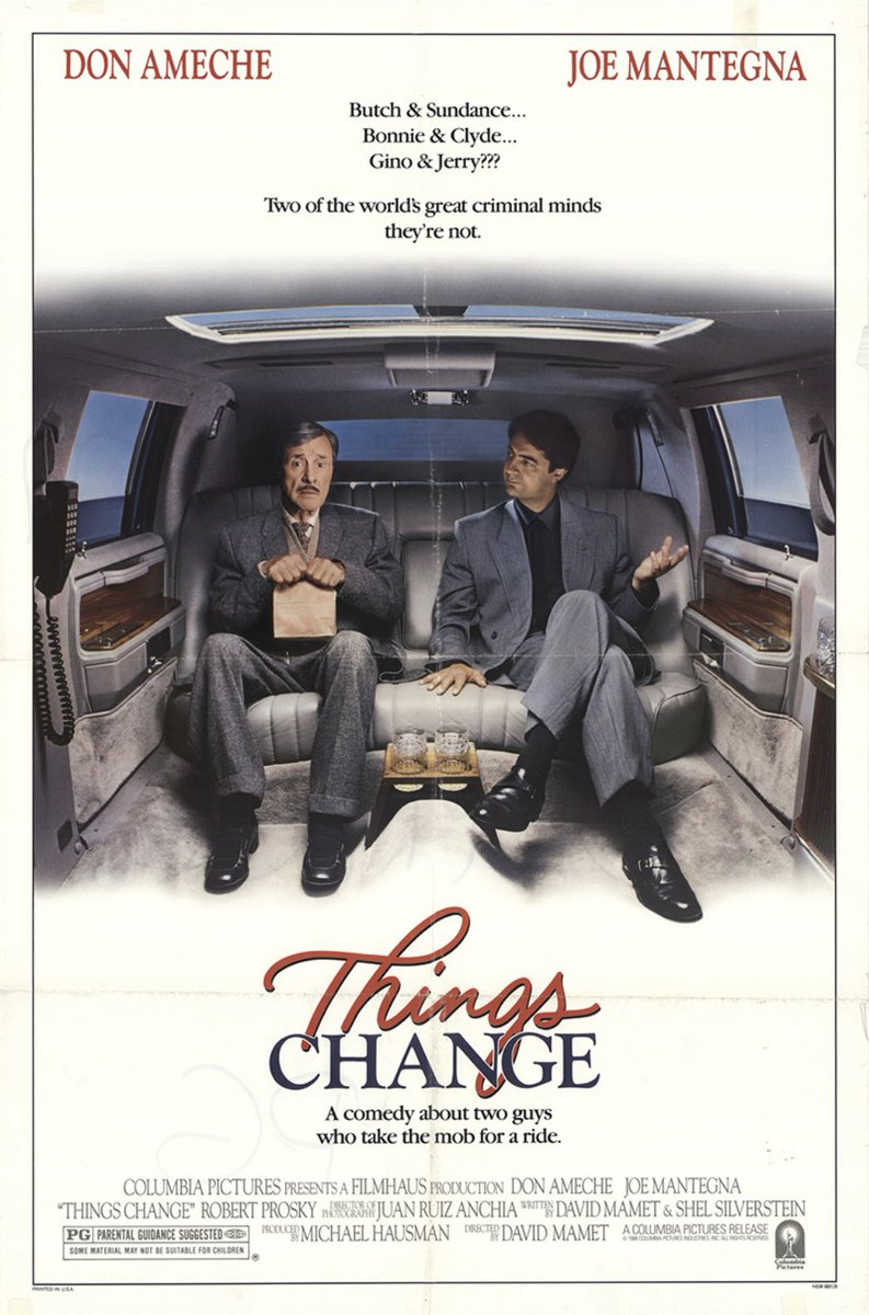 SelectWomanTaft's tweet image. Mamet’s 2nd directorial feature Things Change (1988) depicts two mooks living large in Tahoe on The Don’s dime. Similar to De Palma’s Wise Guys (1986) though not as broad.
Mantegna is excellent, along with the familiar Mamet troupe of actors.
👵🏼🍿