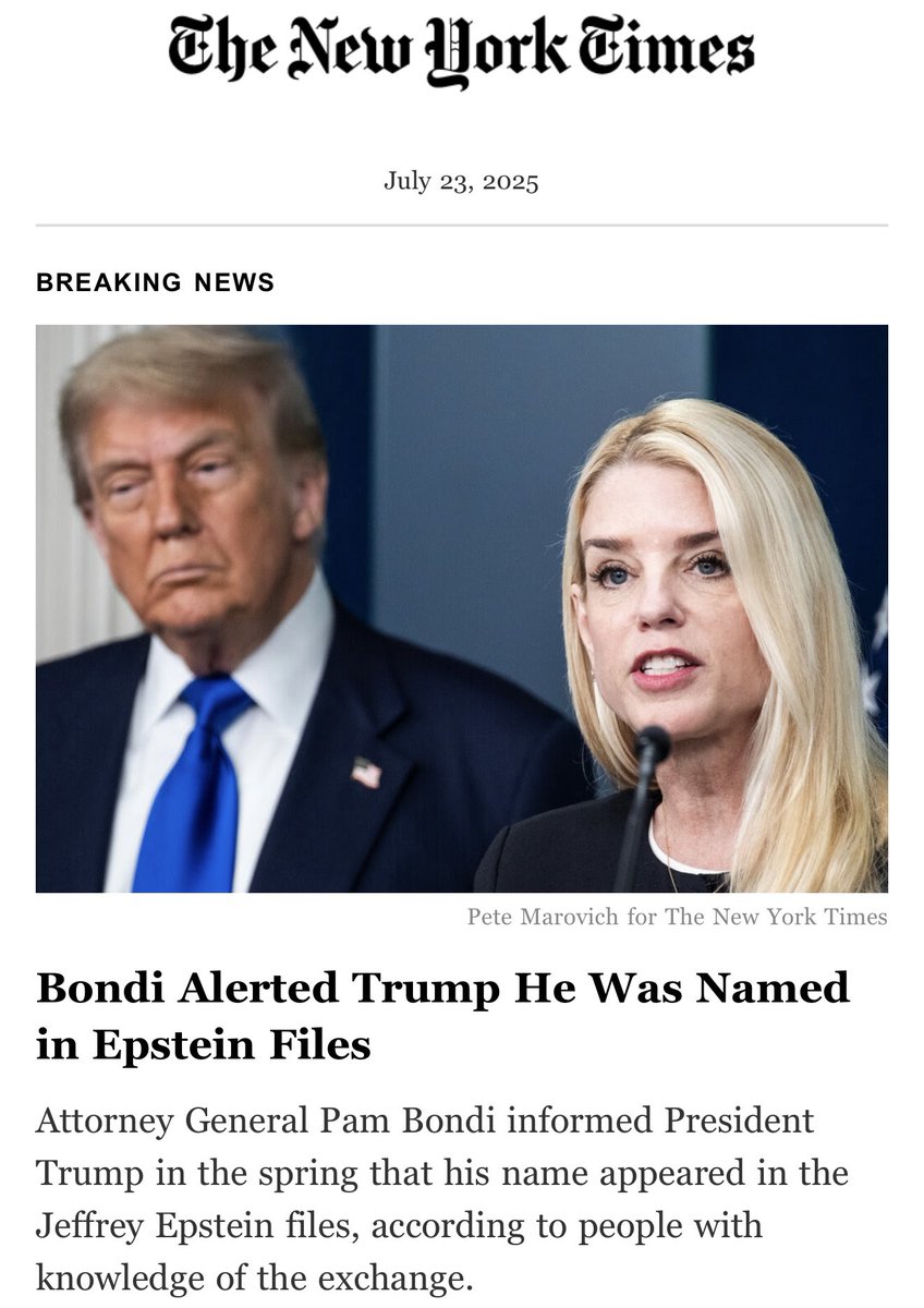 realstewpeters's tweet image. BREAKING: Bondi Alerted Trump He Was Named in Epstein Files