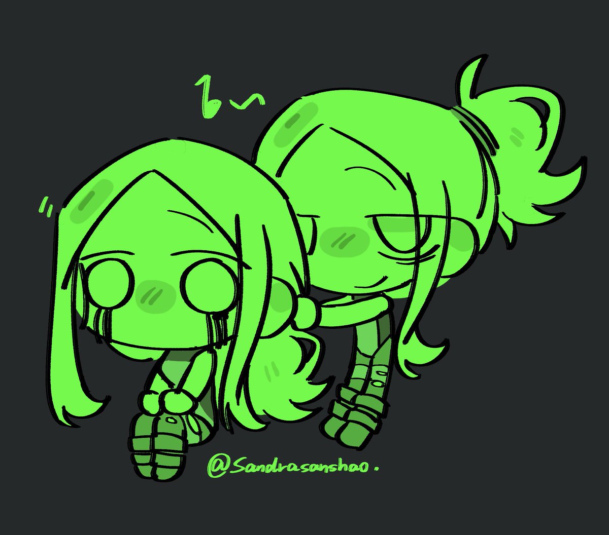 Sandrasanshao's tweet image. 最近在看吊带袜天使，遂仿画风试试
以及想看这俩互相扎头发💚
#Awaria #awaria #Awariafanart