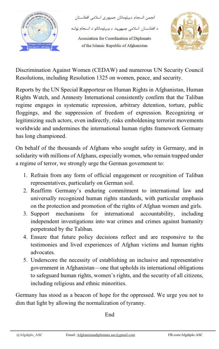 Afgdiplo_ASC's tweet image. Statement of the Association for Coordination of Diplomats of the Islamic Republic of Afghanistan, concerning the introduction of two representatives of the Taliban regime to the Federal Republic of Germany @JoWadephul 

July 23, 2025