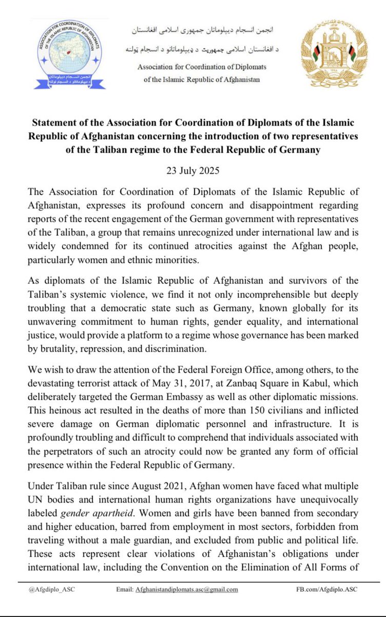 Afgdiplo_ASC's tweet image. Statement of the Association for Coordination of Diplomats of the Islamic Republic of Afghanistan, concerning the introduction of two representatives of the Taliban regime to the Federal Republic of Germany @JoWadephul 

July 23, 2025
