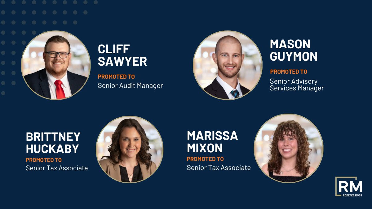 rodefermoss's tweet photo. Congrats to our team members on their well-deserved promotions!

⭐Cliff Sawyer: Promoted to Senior Audit Manager
⭐Mason Guymon: Promoted to Senior Advisory Services Manager
⭐Brittney Huckaby: Promoted to Senior Tax Associate
⭐Marissa Mixon: Promoted to Senior Tax Associate https://t.co/VrPxuNjeNY