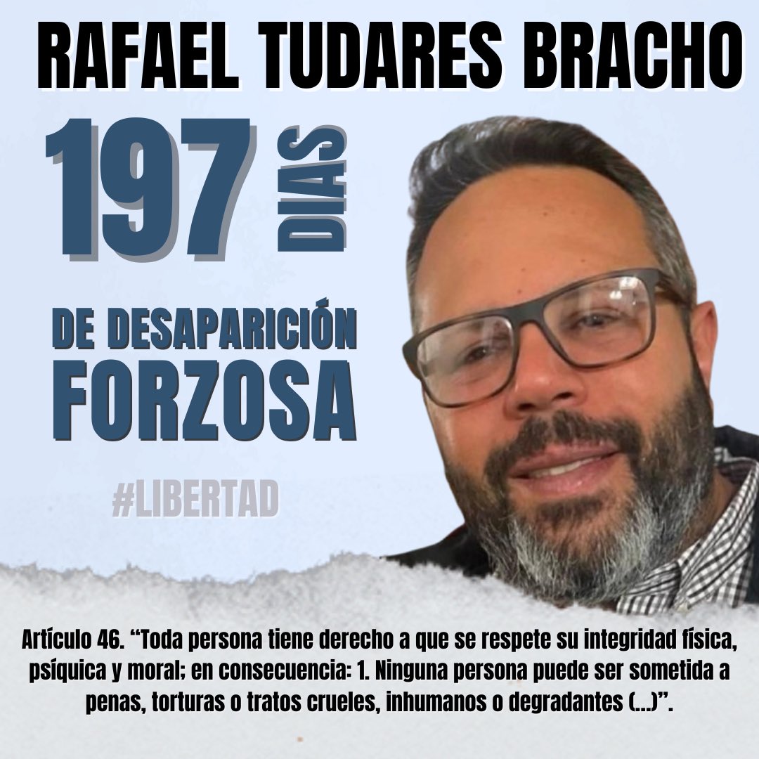 MarianaGTudares's tweet image. Hoy se cumplen 197 días desde que desaparecieron a mi esposo, Rafael Tudares Bracho.
No he recibido ni una llamada, ni una señal, ni una prueba de que está con vida. Solo pido lo más elemental: saber si está bien. El silencio es una forma de violencia, trato cruel y tortura.