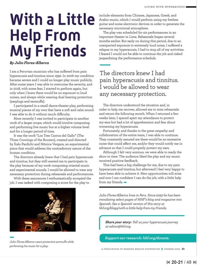 La revista Hearing Health, de la Hearing Health Foundation, ha presentado una edición especial sobre la HIPERACUSIA y el TINNITUS. Hay artículos e historias muy interesantes , entre ellas la mía propia. 
view.publitas.com/p222-4764/hear… 

#hiperacusia #tinnitus #hearinghealthfoundation