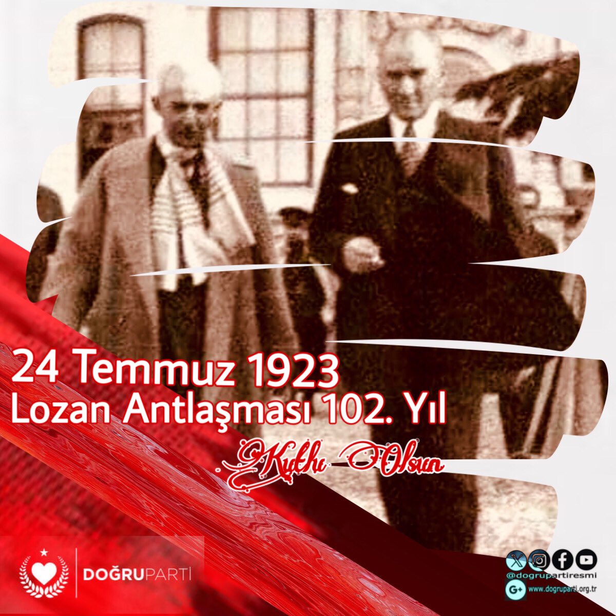 "Lozan, Türk milletine karşı, yüzyıllardan beri hazırlanmış ve Sevr Antlaşması ile tamamlandığı sanılmış büyük bir suikastın sonuçsuz kaldığını bildirir bir belgedir.
Osmanlı tarihinde benzeri görülmemiş bir siyasi zafer eseridir" 

Mustafa Kemal Atatürk 

Lozan Anlaşmasının 102.