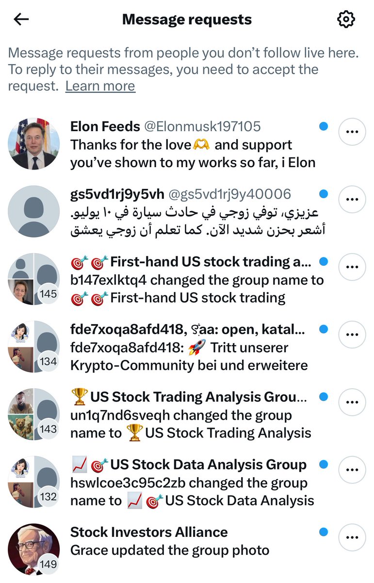 Why is my message requests full of these groups, <a href="/elonmusk/">Elon Musk</a> it’s stopping real people from communicating on X