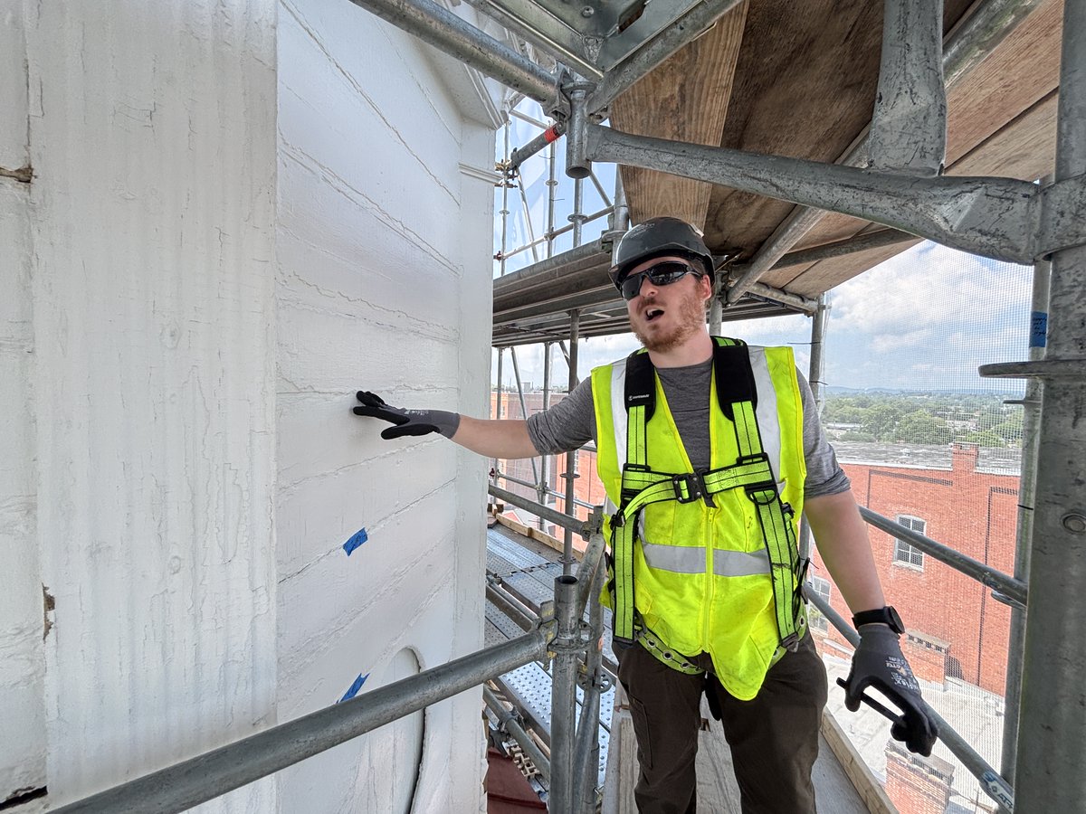 FredCountyExec's tweet image. This afternoon, two of my team members, Ysela and Sam, explored Frederick’s historic Old Spire & Clock Tower before work begins on the steeple, slate, dormers, and spire. It was a special behind-the-scenes opportunity to learn about the extensive restoration of this landmark!