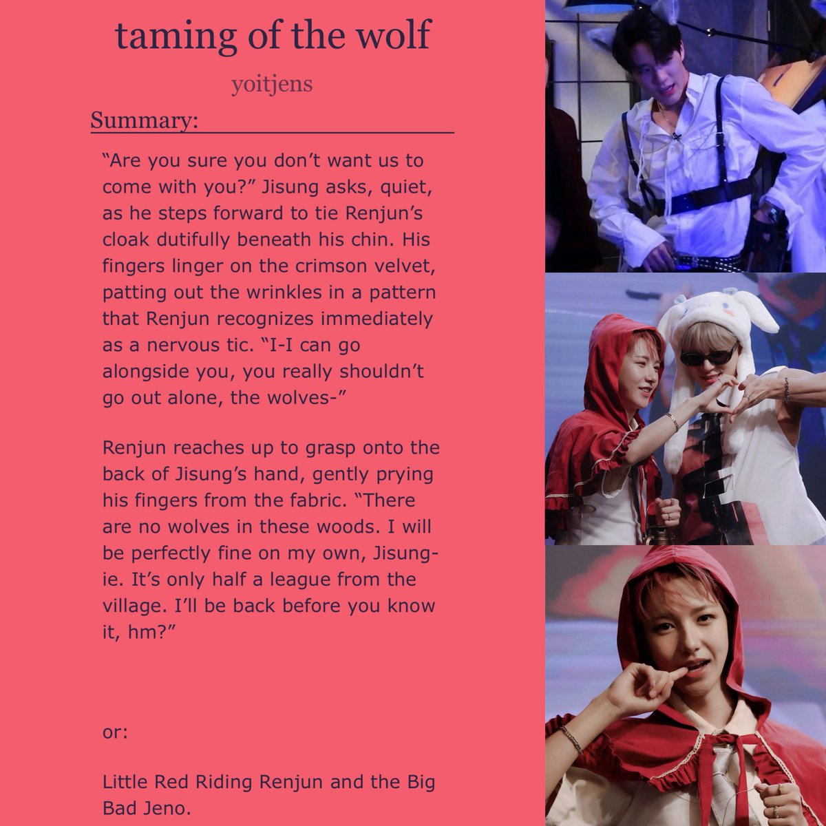 dreamzcns's tweet image. ♡
taming of the wolf
- little red riding hood au
- 5.5k explicit
- happy 723 day my beloved noren <3
#젠런
archiveofourown.org/works/68044311