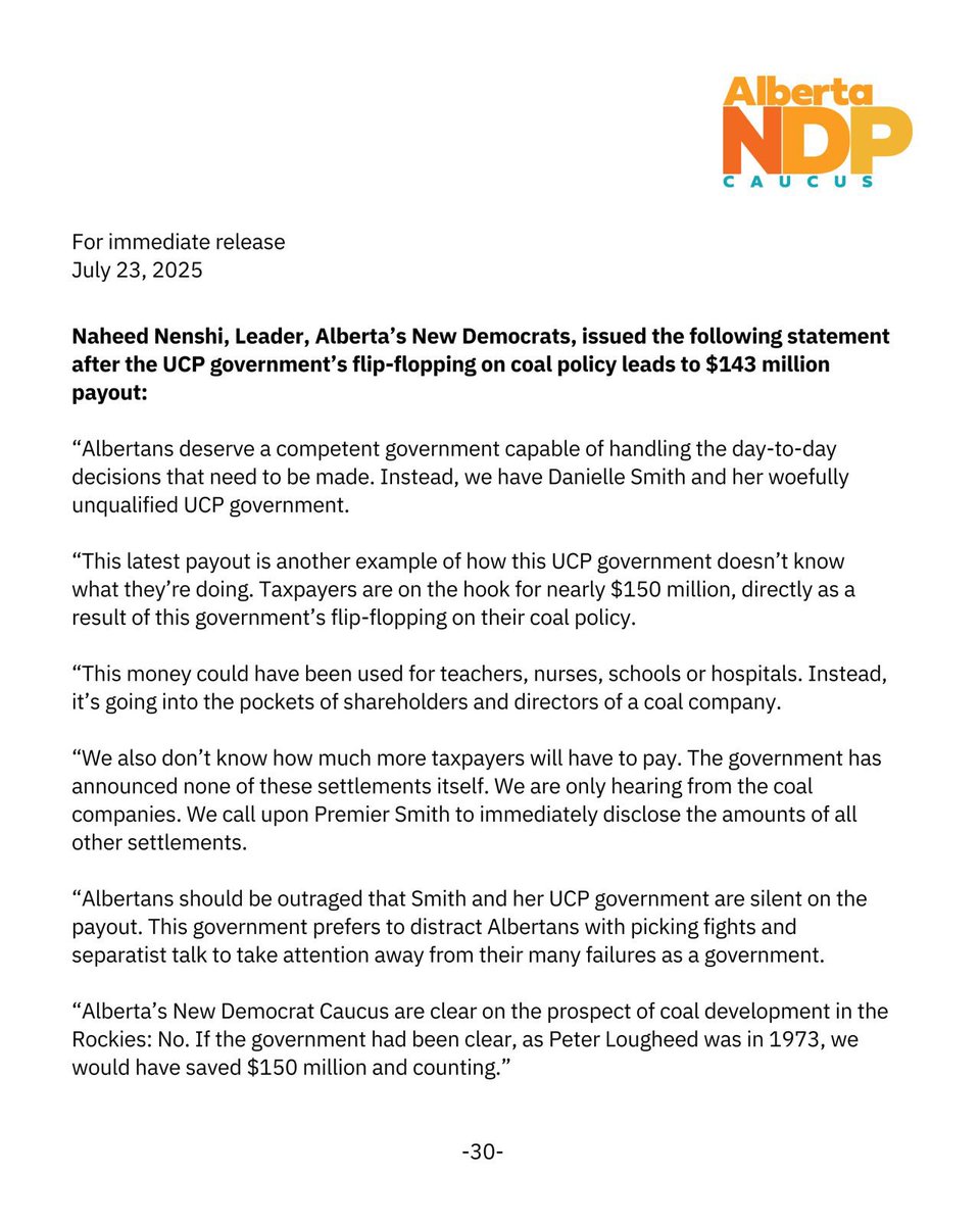 nenshi's tweet image. Almost $150M. That’s how much Albertans are on the hook for because this UCP government keeps flip-flopping on their coal policy. And that’s just to settle one lawsuit!
Think about what else we could have used that money for: health care, education, supporting Albertans in an…