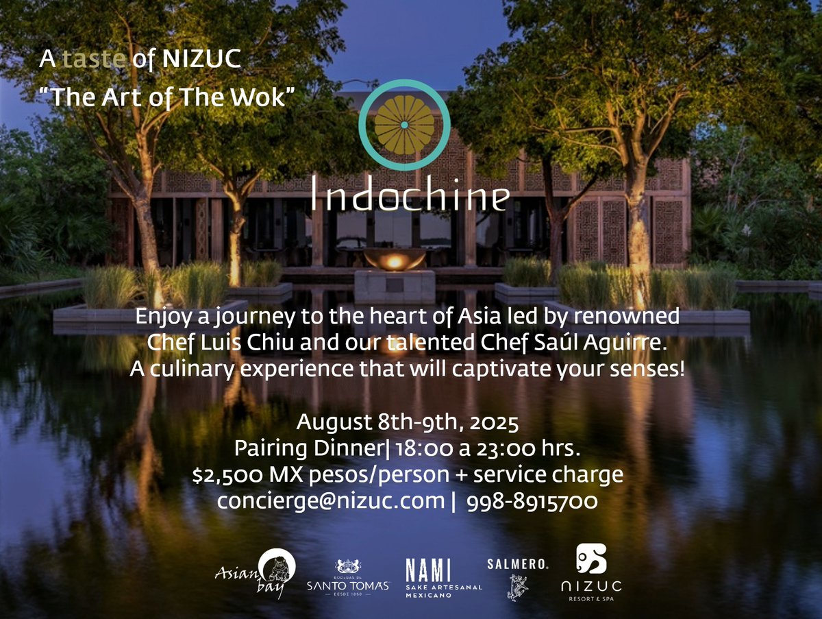 HotelesPorMéxico (@hotelesxmexico) on Twitter photo ¡NIZUC Resort & Spa presenta The Art of the Wok con temática Indochina! 🍜✨
Este 8 y 9 de agosto, los chefs Luis Chiu y Saúl Aguirre llevarán a los comensales al corazón de Asia con un menú lleno de sabor y tradición 🥢🔥.
<a href="/GpoBrisas/">Grupo Brisas</a>, <a href="/NIZUC_Resort/">NIZUC Resort & Spa</a>, <a href="/NIZUCSPABYESPA/">NIZUC SPA BY ESPA</a> ¡NIZUC Resort & Spa presenta The Art of the Wok con temática Indochina! 🍜✨
Este 8 y 9 de agosto, los chefs Luis Chiu y Saúl Aguirre llevarán a los comensales al corazón de Asia con un menú lleno de sabor y tradición 🥢🔥.
<a href="/GpoBrisas/">Grupo Brisas</a>, <a href="/NIZUC_Resort/">NIZUC Resort & Spa</a>, <a href="/NIZUCSPABYESPA/">NIZUC SPA BY ESPA</a>