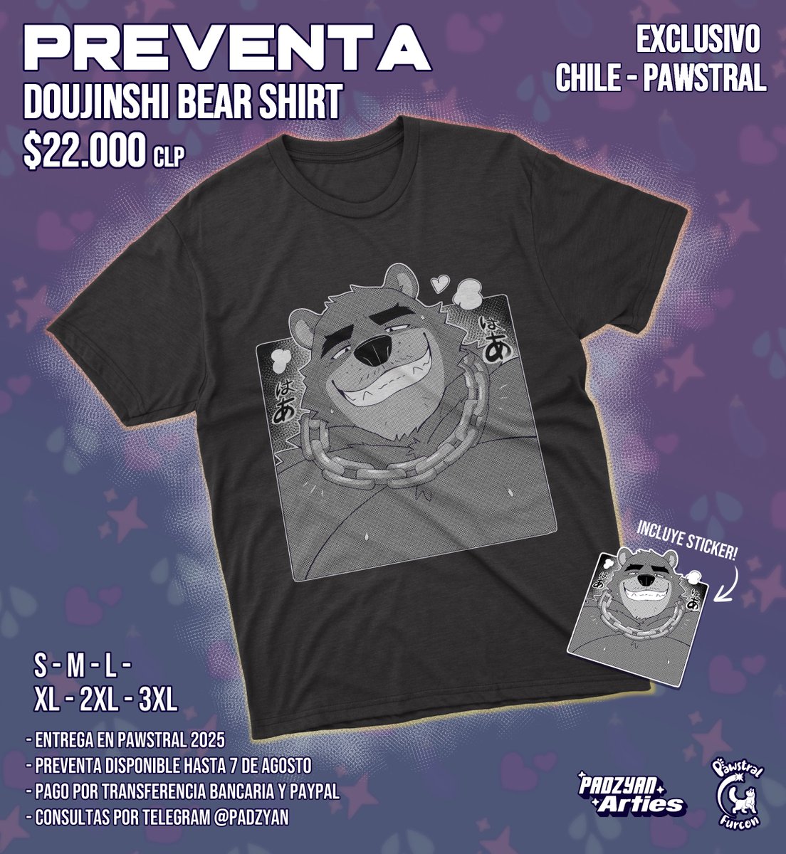 Y a ti, te gustan los osos?~ 🐻

Voy a hacer preventa de poleras manga corta, con entrega en Pawstral (en Chile 🇨🇱)  :3

Tallas S-M-L-XL-2XL-3XL

Encargos y consultas directamente por Telegram > @/PADZYAN