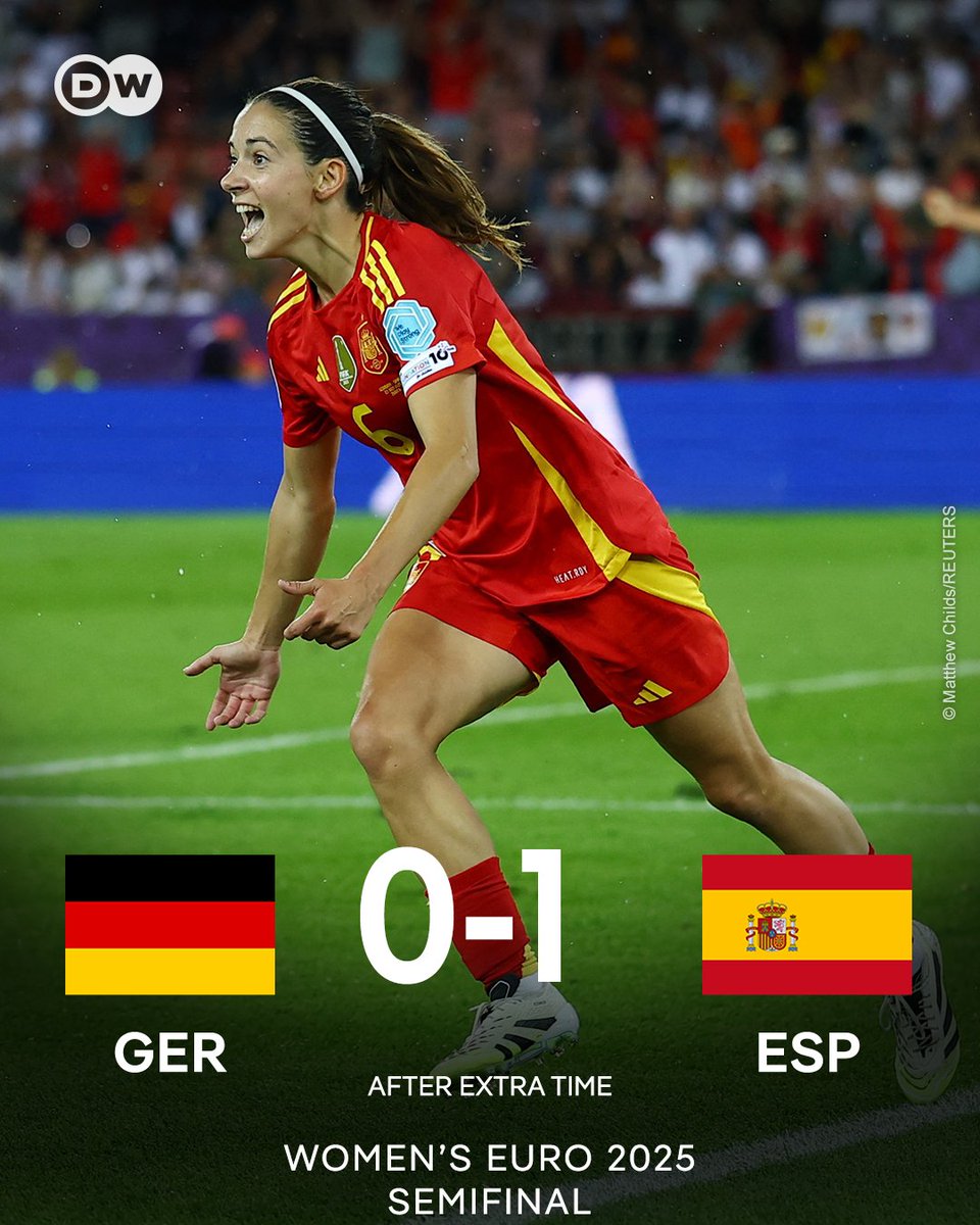 dw_sports's tweet image. Heartbreak for Germany! 💔
Aitana Bonmati, the current Ballon d'Or holder, scores her first goal of the tournament, to send Spain to their first-ever Euro final!