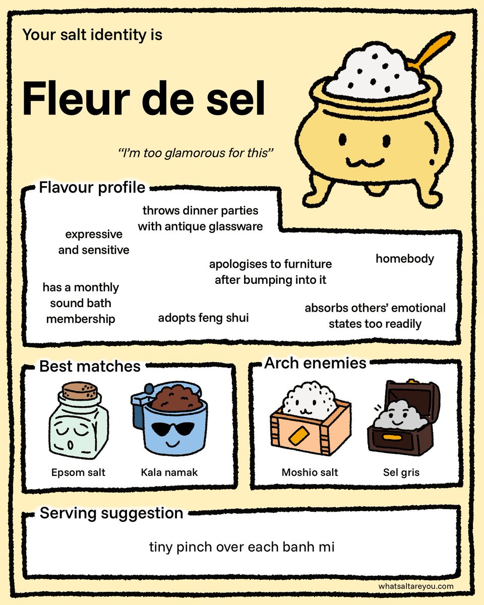 Urdess_ffxiv's tweet image. My salt identity is Fleur de sel and I'm not salty about it! Discover yours: