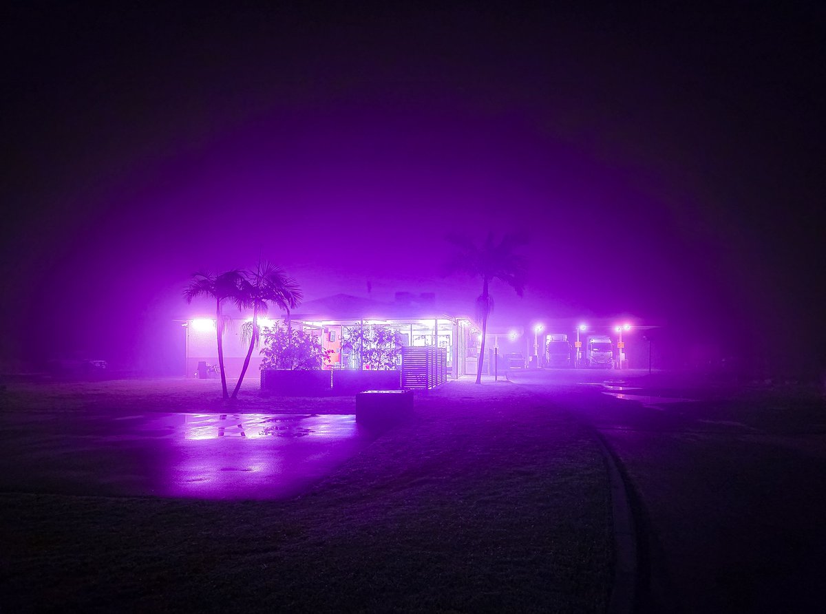 Kosasky's tweet image. Servo looked cool and foggy tonight in northern NSW, so made a vaporwave edit in Lightroom.