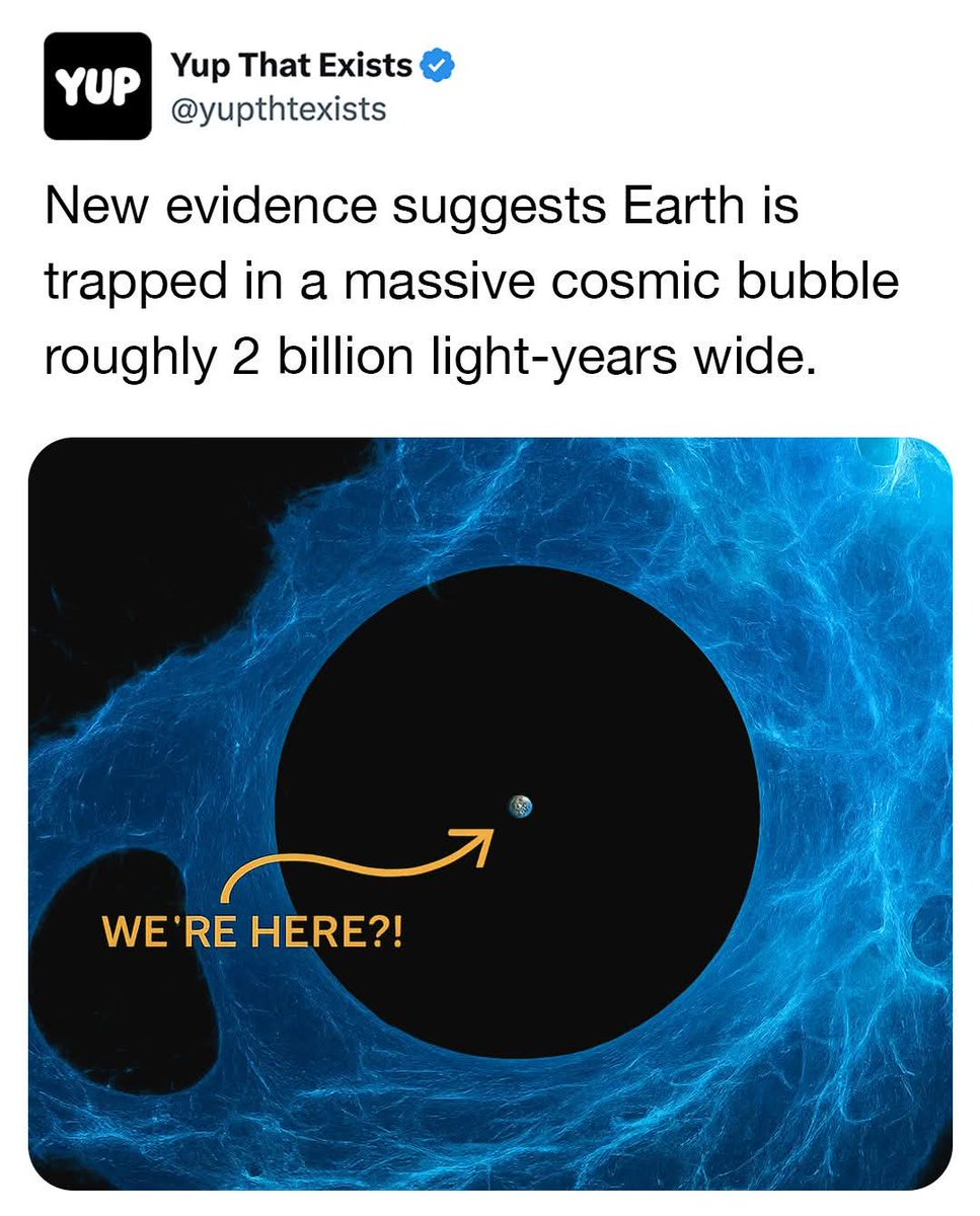 JaysonDC123's tweet image. Astronomers have just made a jaw-dropping discovery that could shake up our view of the universe! A new study suggests it’s 100 times more likely that Earth and our galaxy are located in a giant cosmic void, a massive 2 billion light-year-wide region with far less matter than…