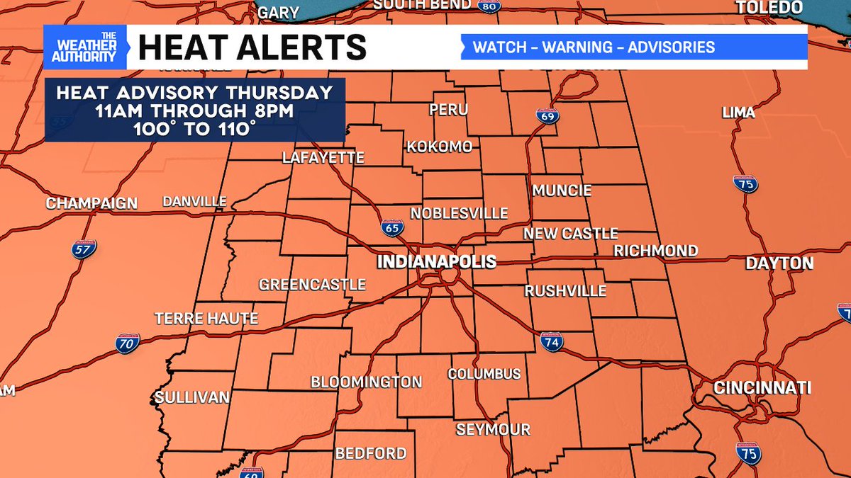 BrianWilkes59wx's tweet image. Smothered in high humidity Thursday and air temperatures expected to be even higher - HEAT INDEX of 100° to 110° area wide likely. HEAT ADVISORY issued from 11am to 8pm. #INwx