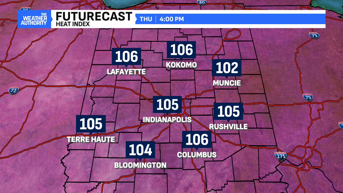 BrianWilkes59wx's tweet image. Smothered in high humidity Thursday and air temperatures expected to be even higher - HEAT INDEX of 100° to 110° area wide likely. HEAT ADVISORY issued from 11am to 8pm. #INwx