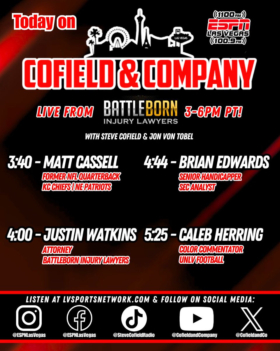 ESPN 1100/100.9 FM (@espnlasvegas) on Twitter photo Don't miss the latest episode of <a href="/cofieldandco/">Cofield & Company</a> with <a href="/stevecofield/">COFIELD</a>, <a href="/meJVT/">Jonathan Von Tobel</a>, & <a href="/Griffinkemp51/">Griffin Kemp</a> live from <a href="/VegasBattleBorn/">BattleBornInjuryLaw</a> 3-6pm PT!
π»: 1100 AM / 100.9 FM
π±: Text the show at 702-364-1100
π»: Stream live at LVSportsNetwork.com Don't miss the latest episode of <a href="/cofieldandco/">Cofield & Company</a> with <a href="/stevecofield/">COFIELD</a>, <a href="/meJVT/">Jonathan Von Tobel</a>, & <a href="/Griffinkemp51/">Griffin Kemp</a> live from <a href="/VegasBattleBorn/">BattleBornInjuryLaw</a> 3-6pm PT!
π»: 1100 AM / 100.9 FM
π±: Text the show at 702-364-1100
π»: Stream live at LVSportsNetwork.com