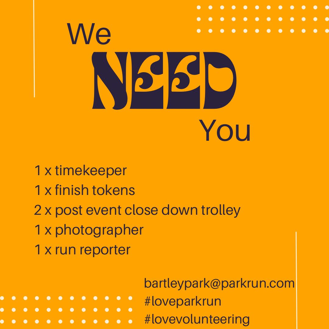 Bartley Park parkrun (@bartleypparkrun) on Twitter photo We’re looking for 6 more volunteers for this week.
1 x timekeeper
1 x finish tokens
2 x post event close down trolley
1 x photographer
1 x run reporter
Please email bartleypark@parkrun.com
#Timekeeper #bartleypark #bartleyparkparkrun #loveparkrun #lovevolunteering #Totton We’re looking for 6 more volunteers for this week.
1 x timekeeper
1 x finish tokens
2 x post event close down trolley
1 x photographer
1 x run reporter
Please email bartleypark@parkrun.com
#Timekeeper #bartleypark #bartleyparkparkrun #loveparkrun #lovevolunteering #Totton