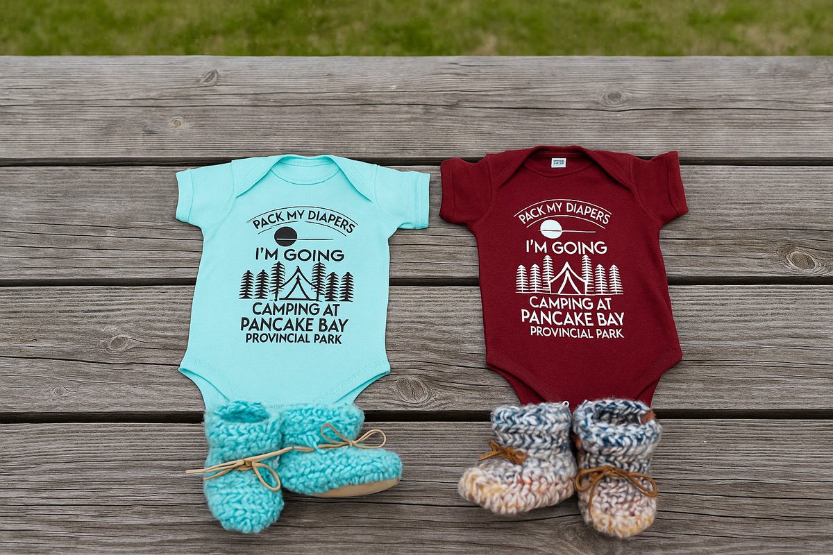 Adventure Starts Young! 🍼👶 

Your little camper deserves to explore in style! 

👉 Check out our adorable baby onesies and cozy knitted booties — perfect for their first trip to Pancake Bay Provincial Park.