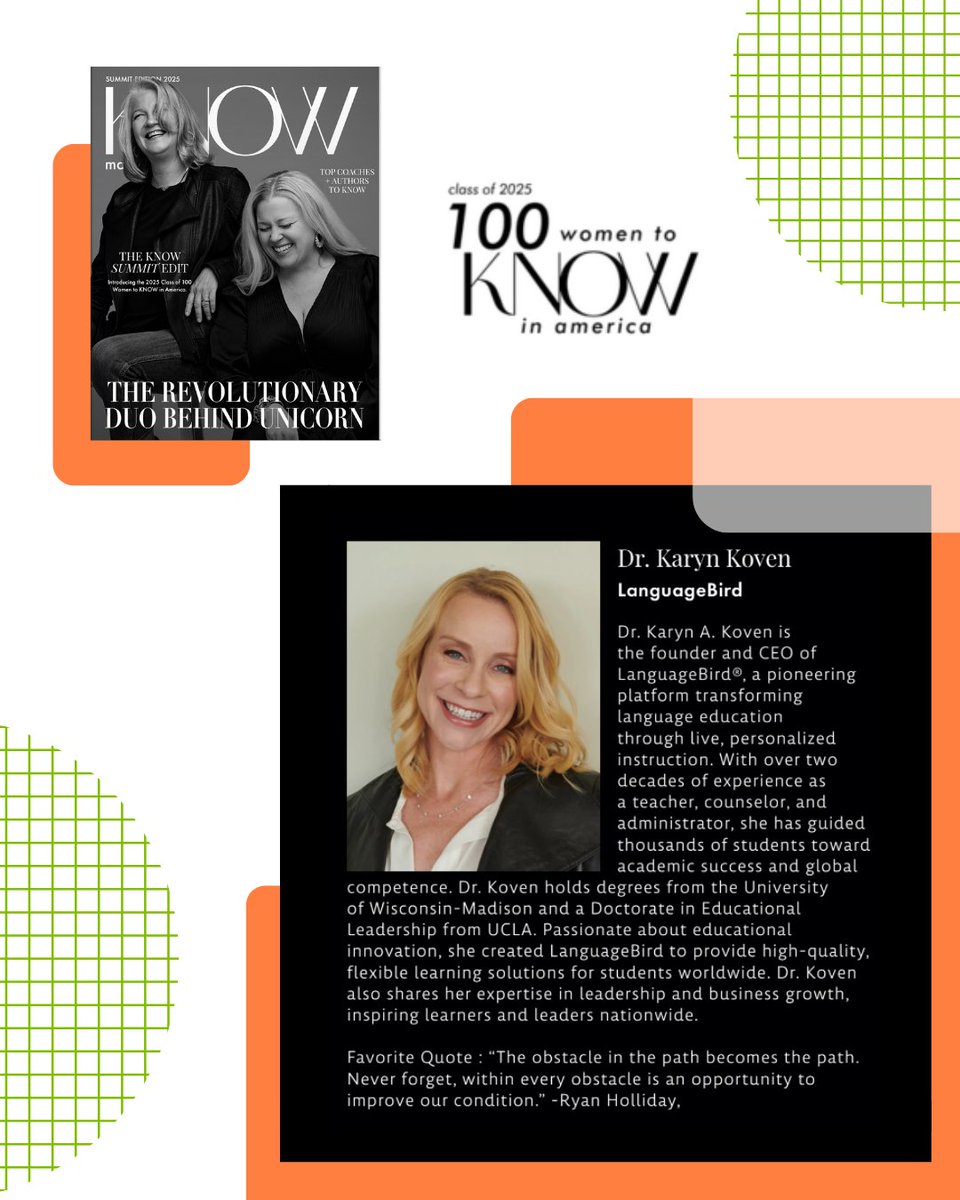 Language_Bird's tweet image. Thrilled to share that #LanguageBird Founder &amp;amp; CEO, Dr. Karyn Koven, has been named one of the 100 #WomentoKNOW in America by The Know Women! 🎉 Read the latest issue of KNOW Magazine here: hubs.la/Q03yFCKv0

#WomenInLeadership  #FemaleFounders #WomenEntrepreneurs