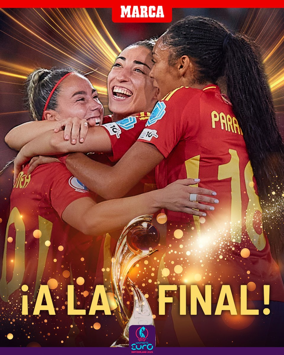 marca's tweet photo. 🇪🇸🎉🎉 ¡ESPAÑA ESTÁ EN LA FINAAAAAAAAAAL! Las nuestras superan a Alemania en la prórroga con un gol de Aitana Bonmatí en el 113' que nos coloca en la gran final del domingo ante Inglaterra, la vigente campeona

#WEURO2025 https://t.co/JqmTjkHkNo