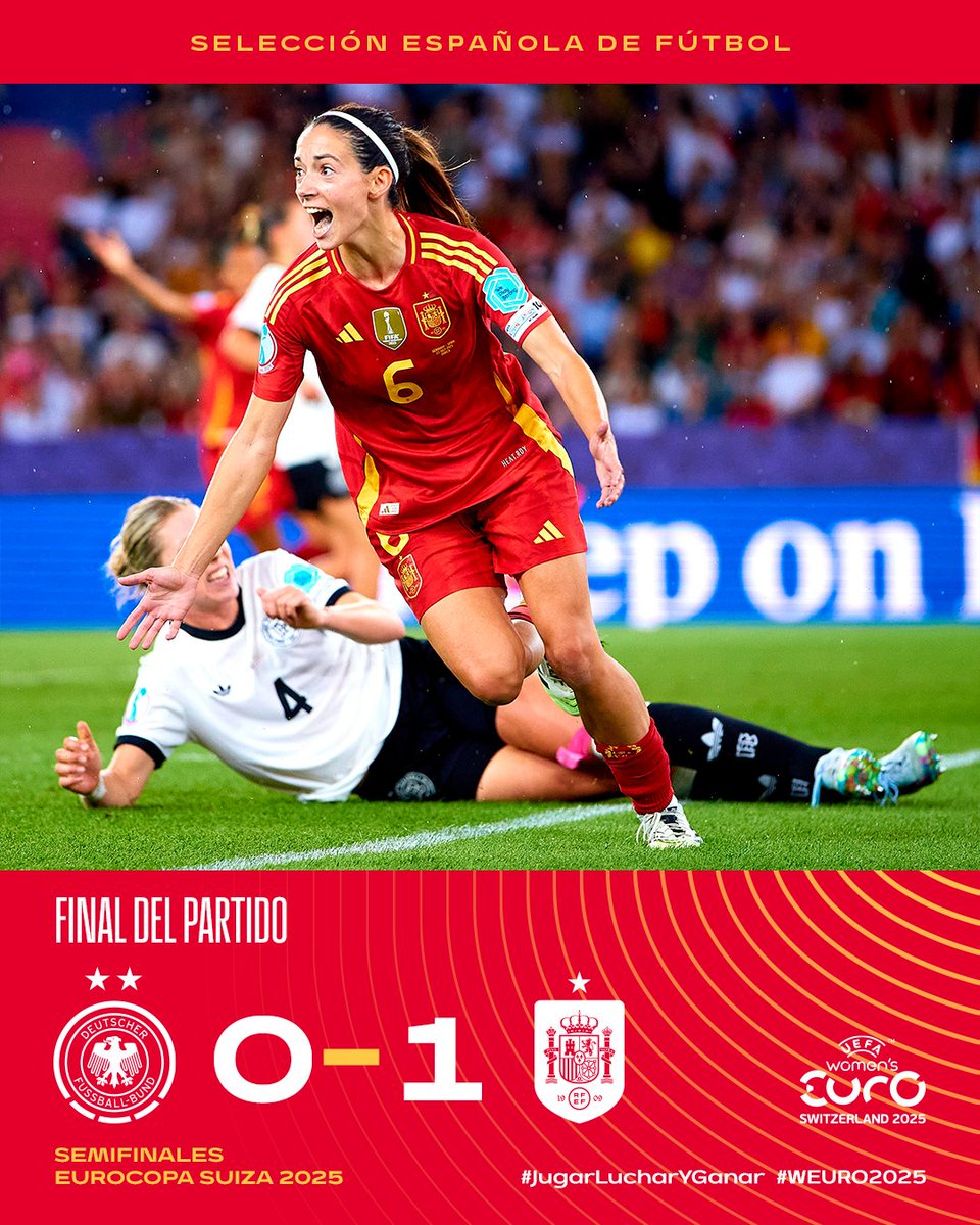 🤪 ¡¡ESPAAAÑA ESTARÁ EN LA FINAAAL DE LA #WEURO2025!

¡La @sefutbolfem se impone a Alemania en la semifinal con un gol de Aitana en la prórroga!

🇩🇪 0-1 🇪🇸 | Final.

📺 <a href="/La1_tve/">La 1</a>

#WEURO2025 | #JugarLucharYGanar