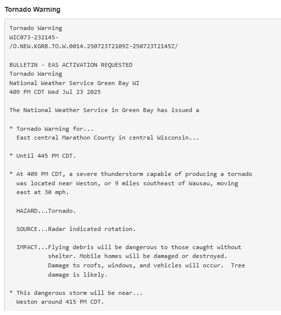 Jasamsdestiny's tweet image. #TornadoWarning for the following county in #Wisc til 4:45. #MarathonCounty in central #WI
At 4:09, a severe thunderstorm capable of producing a tornado was located near #Weston, or 9 miles SE of #Wausau, moving east at 30.
In it's path
Ringle, Norrie, Hatley, Aniwa, Birnamwood