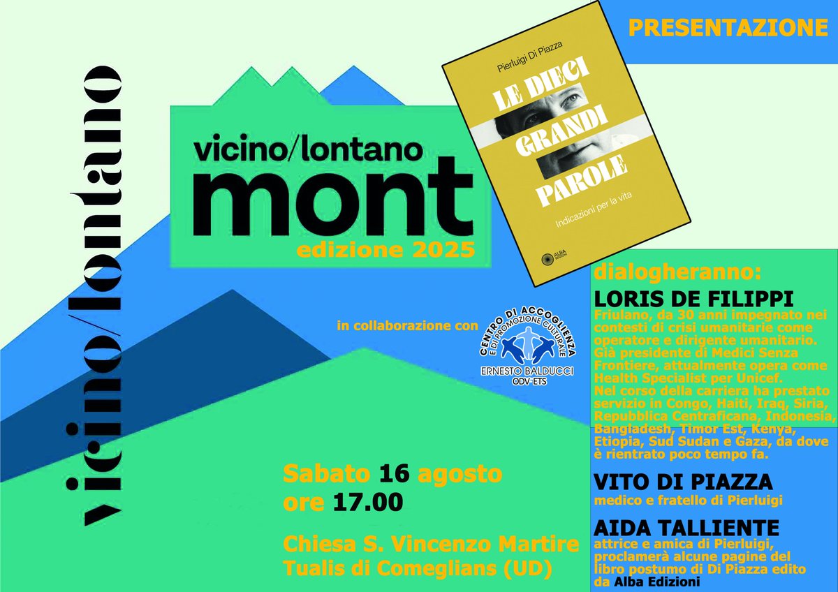 🗓️A Tualis il 16 agosto,alle 17, verrà presentato l'ultimo libro di Pierluigi Di Piazza. Nel corso dell'edizione 2025 di Vicino/Lontano Mont, in collaborazione con il Balducci, Leggimontagna e Ospiti in Arrivo. Vi aspettiamo <a href="/one_paolone/">Paolo Iannaccone</a> <a href="/vicinolontano/">vicino/lontano</a>