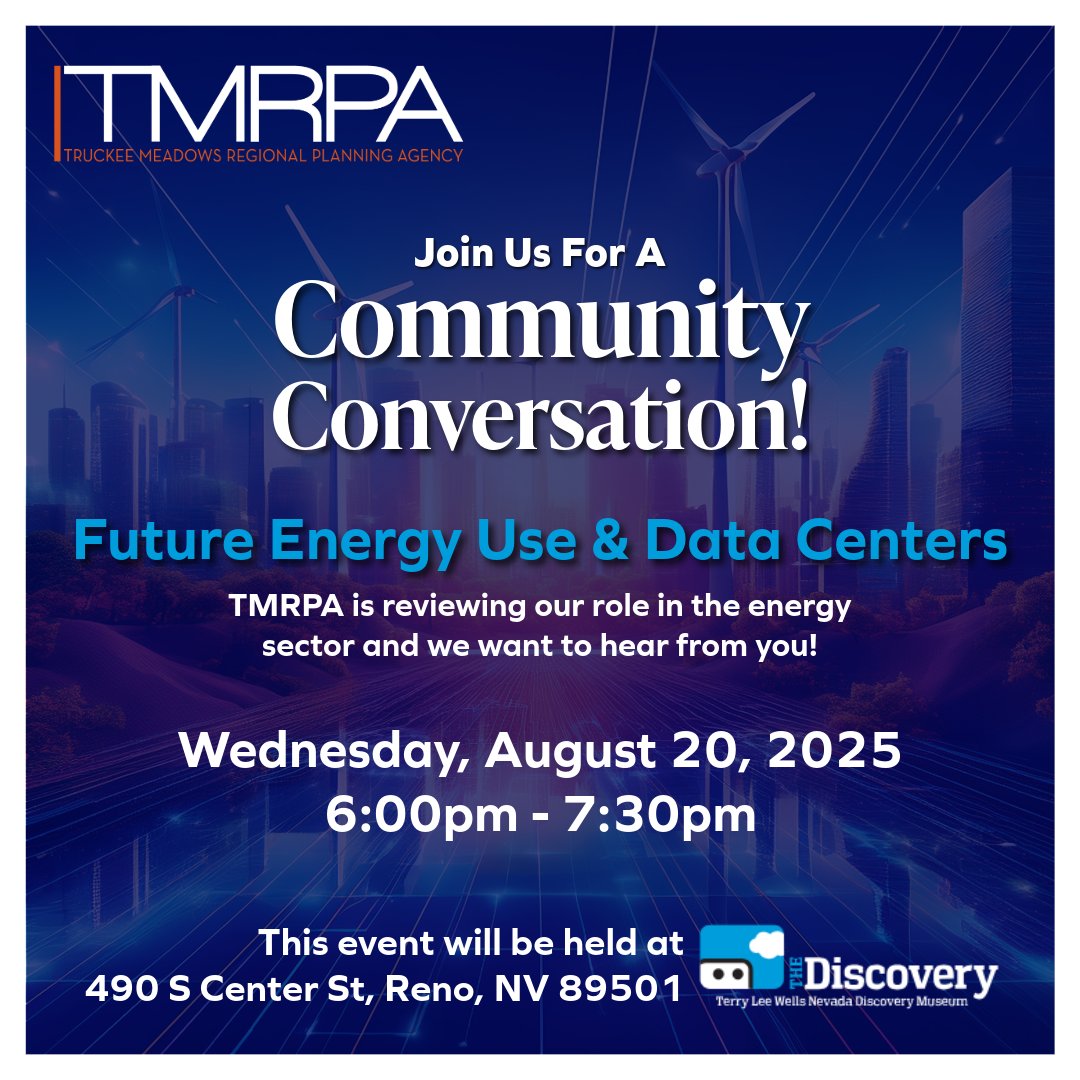 🎉 JOIN US! 🎉
TMRPA is hosting a Community Conversation on energy + land use! Learn about data centers, renewable energy, and help shape the region’s future.

📆 Aug 20 | 🕕 6–7:30pm
📍 Discovery Museum 

#communityconversation #becausehowwegrowmatters
