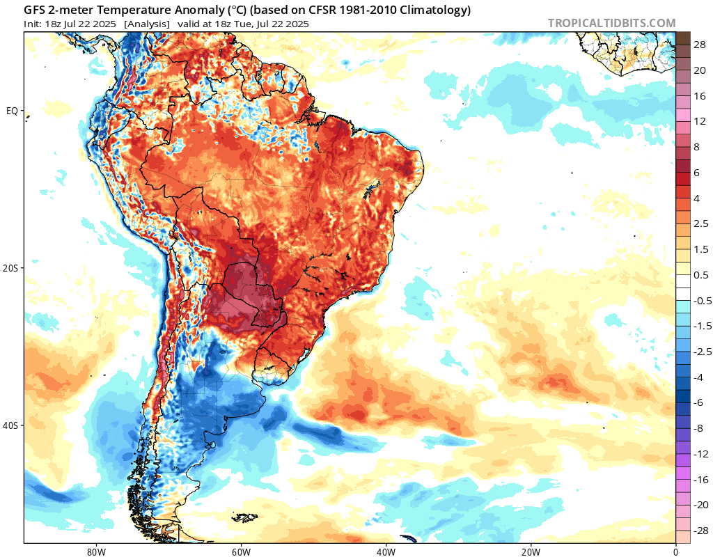 EXTRAORDINARY HEAT IN SOUTH AMERICA
Summer temperatures in winter:&gt;38C

38.4C Puerto Suarez BOLIVIA pulverized its record of July highest temperature

Heat records are falling allover the world:Nearly 100% of the countries this month have broken records.