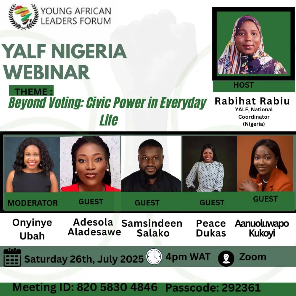 YalfAfrica's tweet image. Join us for a powerful conversation on how young Nigerians can use their voice, actions, and networks to influence change every single day.
DATE: 26 JULY 2025
TIME: 4PM (WAT)