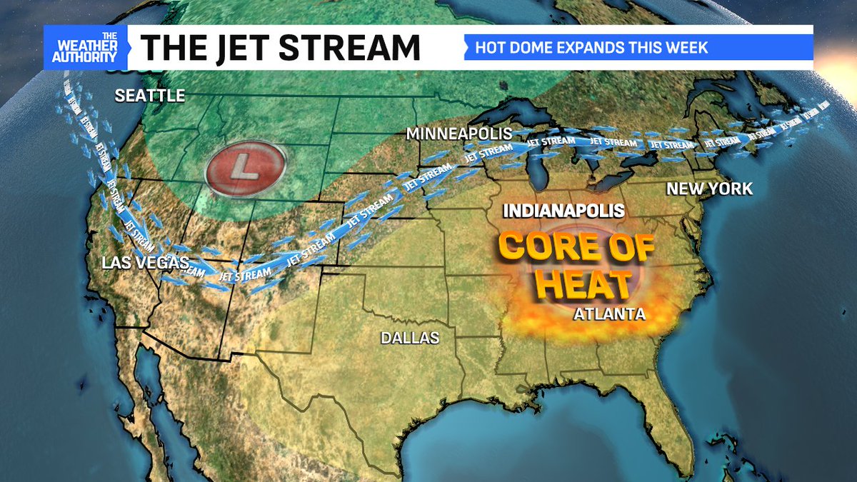 BrianWilkes59wx's tweet image. Relief will be a long way off as upper-level high pressure anchors over much of the eastern half of the Nation. Heat risk will remain high or categorized as 'major' each of the next 6 days. Real relief may not arrive until August's open #INwx