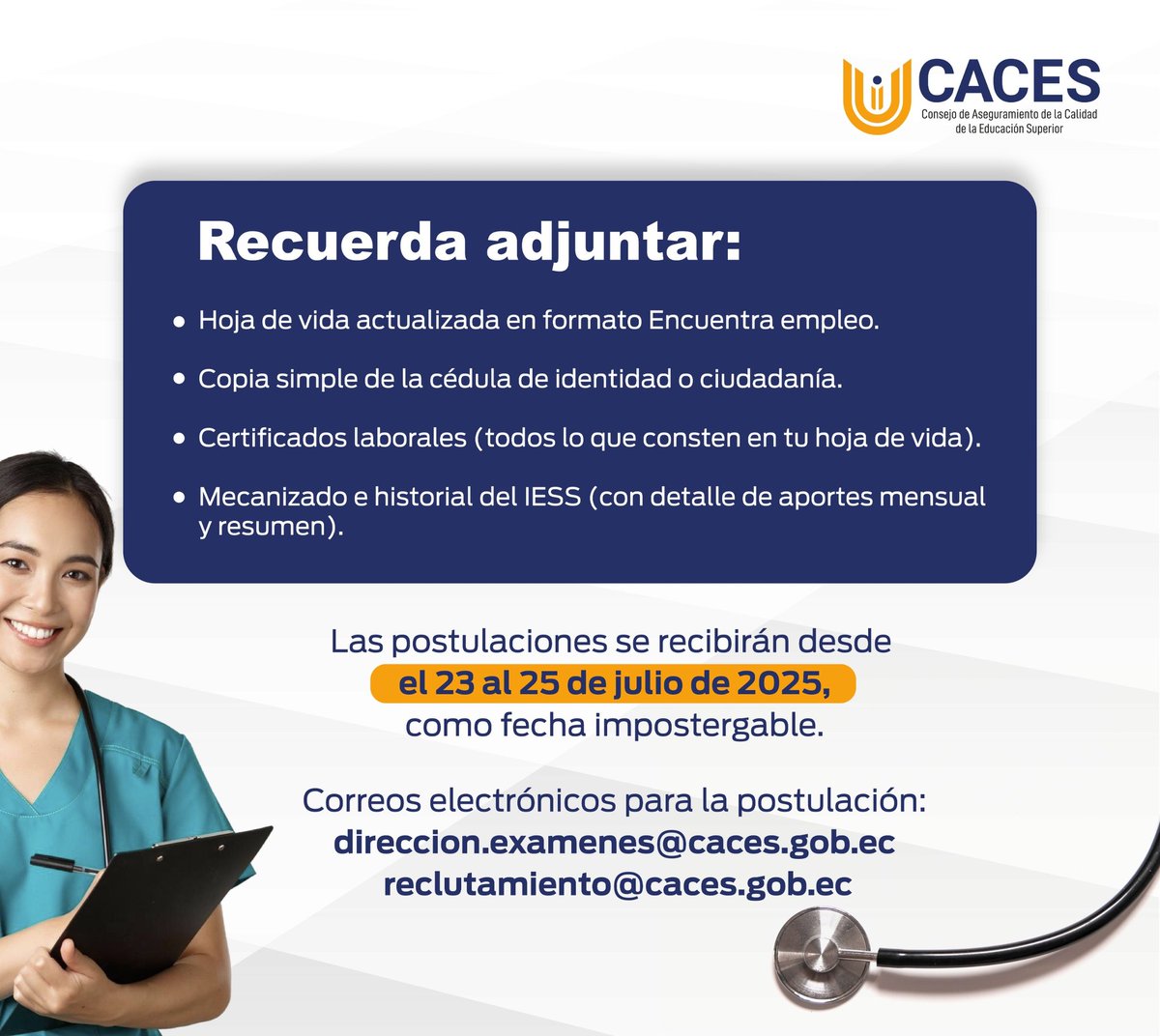 Caces_Ec's tweet image. #OfertaLaboral
💼 ⌛ Aún tienes tiempo para aplicar a la convocatoria para expertos elaboradores de preguntas de las carreras de Medicina, Enfermería y Odontología.