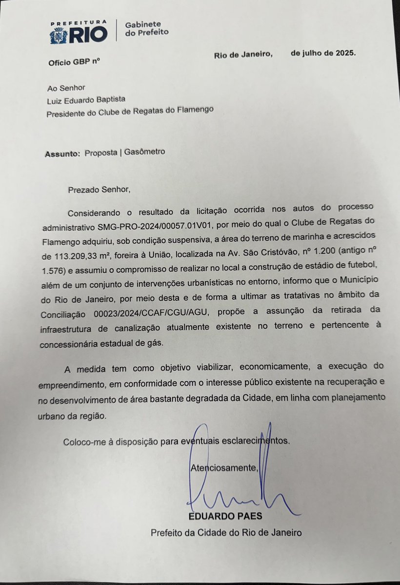 A quem interessar possa (especialmente aos 3 flamenguistas que mais me perturbam: deputados <a href="/pedropaulo/">Pedro Paulo</a> e <a href="/Guischleder/">Guilherme Schleder</a> e vice-prefeito <a href="/CavaliereRJ/">Eduardo Cavaliere</a> ), segue ofício encaminhado ao <a href="/Flamengo/">Flamengo</a> hoje, em  que a prefeitura assume formalmente a responsabilidade da retirada das estruturas
