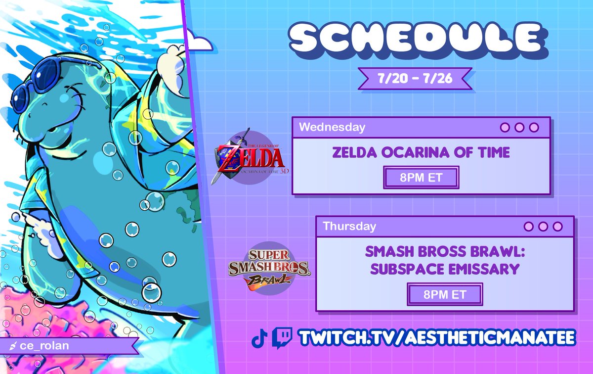 Late schedule but WE'RE BACK BABEY!
Playing more Ocarina of Time tonight and The Subspace Emissary tomorrow!
See you soon :3
🥬🥬🥬🥬🥬🥬
twitch.tv/aestheticmanat…