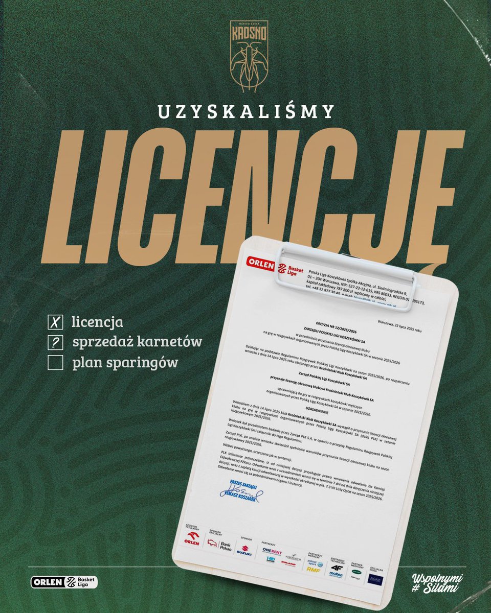 BasketKrosno's tweet image. ℹ️ | Otrzymaliśmy licencję okresową uprawniającą do gry w rozgrywkach koszykówki mężczyzn organizowanych przez Polską Ligę Koszykówki SA❗
Czas się przywitać @PLKpl 👋
#MiastoSzkłaKrosno #plkpl #WspólnymiSiłami #koszykówka #PodkarpackieDlaSportu