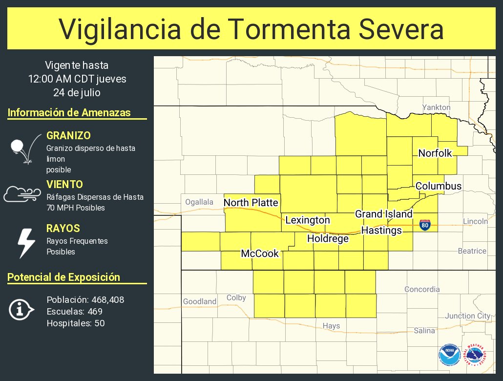 NWSNorthPlatte's tweet image. Vigilancia de Tormenta Severa ha sido emitida para partes de Kansas y Nebraska hasta las 12 AM CDT