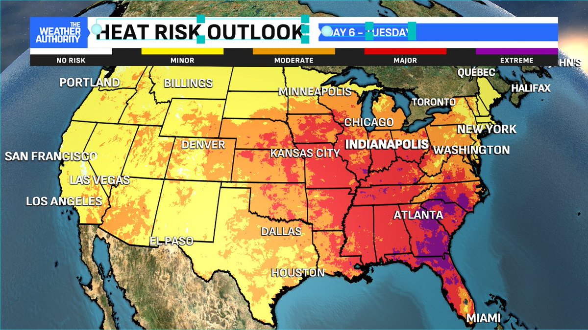 BrianWilkes59wx's tweet image. Relief will be a long way off as upper-level high pressure anchors over much of the eastern half of the Nation. Heat risk will remain high or categorized as 'major' each of the next 6 days. Real relief may not arrive until August's open #INwx