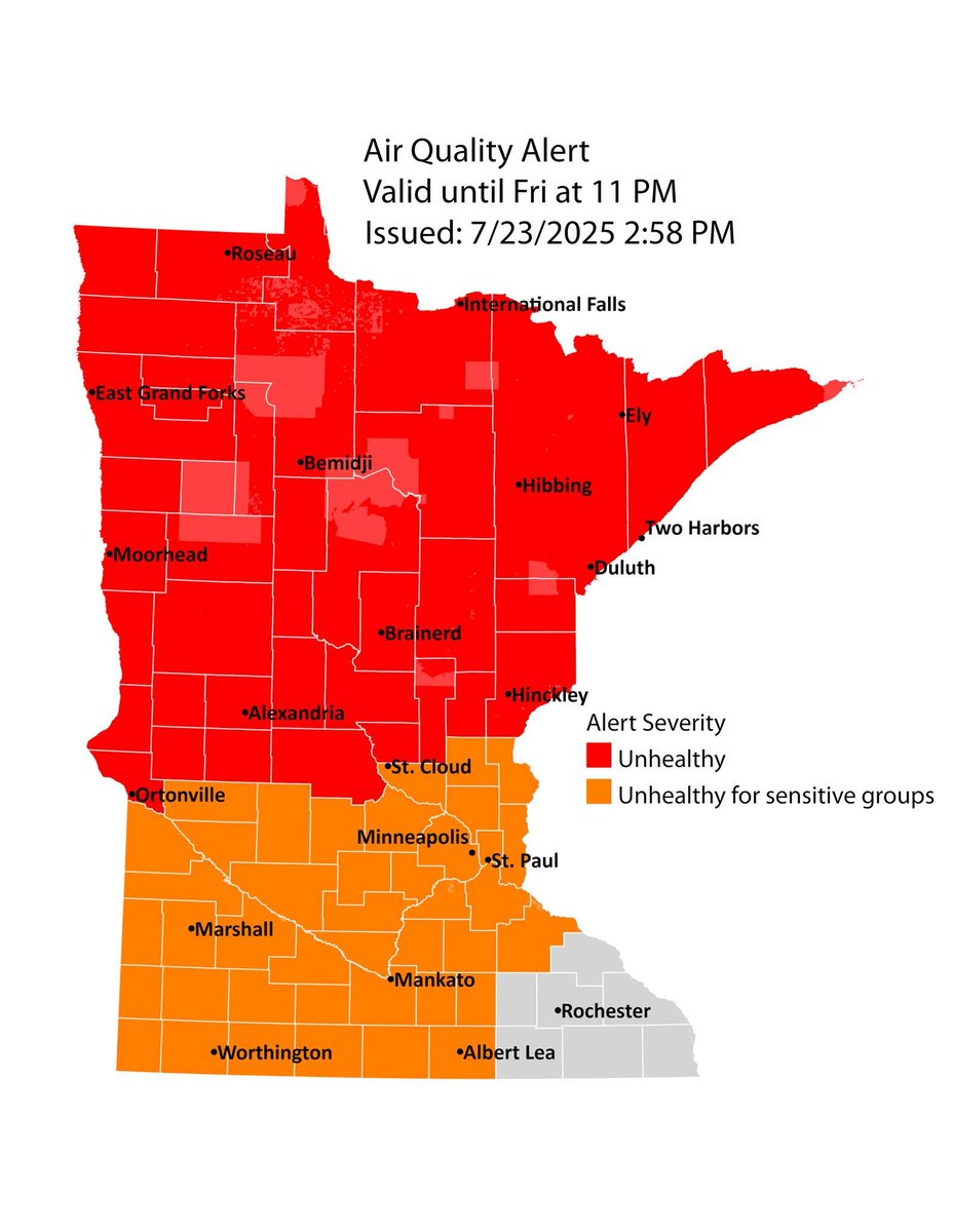 NWSduluth's tweet image. An air quality alert due to wildfire smoke has been expanded to include northern, central, south central, and southwest MN through 7/25. Air quality is expected to reach the red AQI category in northern & central Minnesota, which is unhealthy for everyone. pca.state.mn.us/news-and-stori…