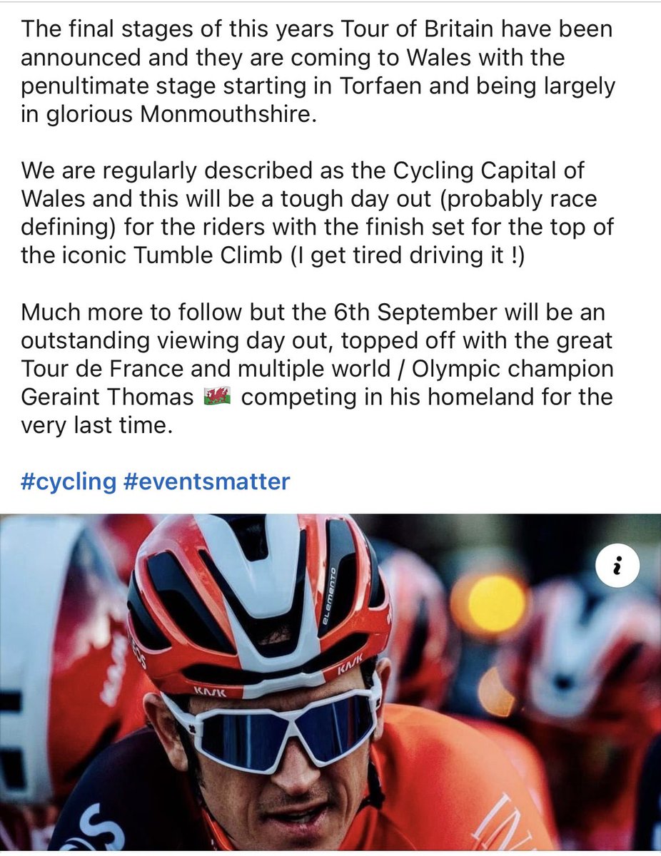 PaulMatthews67's tweet image. Exciting news for Monmouthshire and another great reason to visit the county. On 6 September we will be co-hosting the penultimate stage of @TourofBritain with @torfaencouncil @visit_mon - will be a great day out 👇