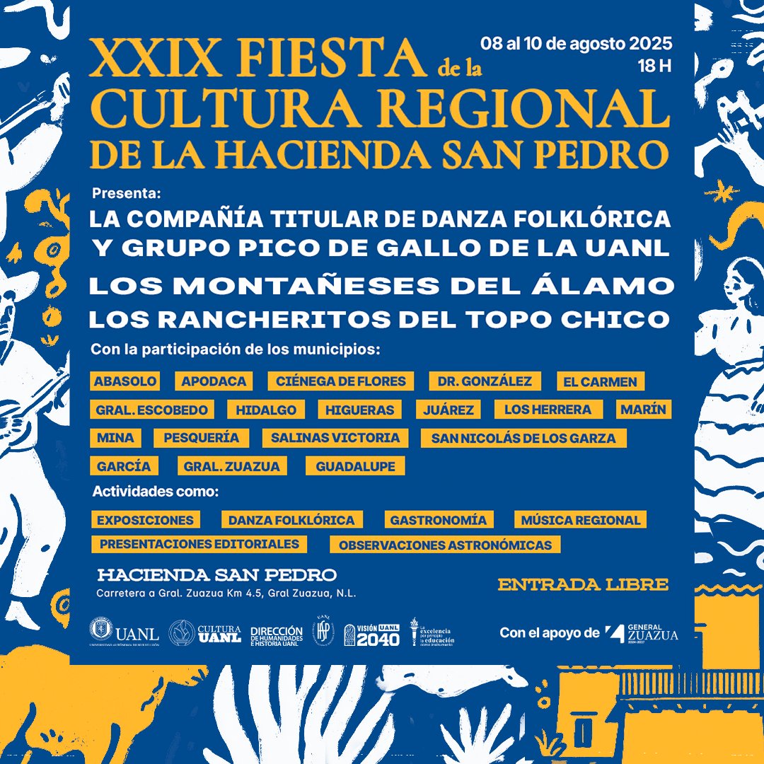 ¡Ya viene la Fiesta de la Cultura Regional 🎉💃🎸 de la Hacienda San Pedro! Del 8 al 10 de agosto, vive lo mejor de nuestra identidad y tradición con un programa repleto de música 🎶, danza 🕺, gastronomía 🌮 y mucho más.

Información completa ℹ️ bit.ly/40BifRv