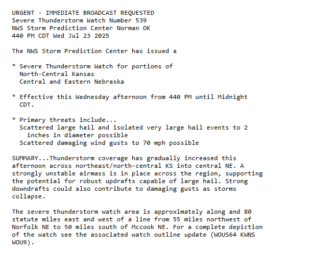 Jasamsdestiny's tweet image. A severe thunderstorm watch has been issued for parts of Kansas and Nebraska until midnight. Oh goody, this should be a fun night - said no one.
#severethunderstormwatch #hail #wind #newx #kswx