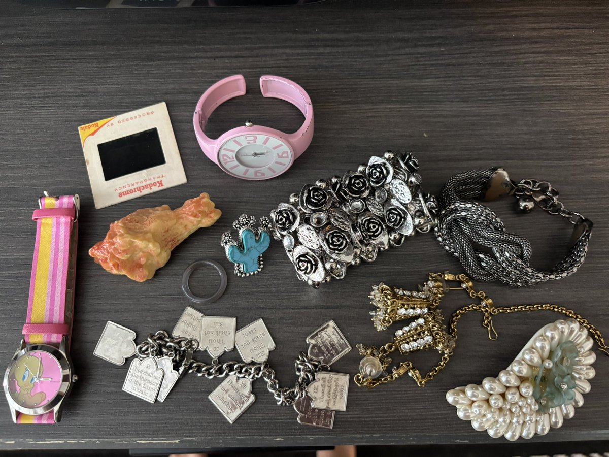 laurenposting's tweet image. My thrift haul. Yes that is a ten commandments charm bracelet. Yes that is a fried chicken hair clip