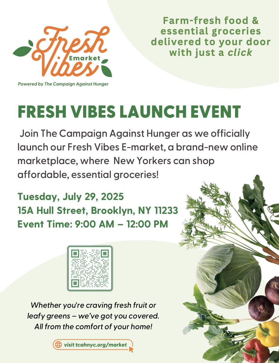 CMErikBottcher's tweet image. On Tues, July 29, The Campaign Against Hunger launches Fresh Vibes E-Market—an innovative online grocery platform delivering fresh, affordable food straight to New Yorkers’ doors. A major step forward for food access, equity, and local farms.
Learn more: freshvibesmarket.myshopify.com